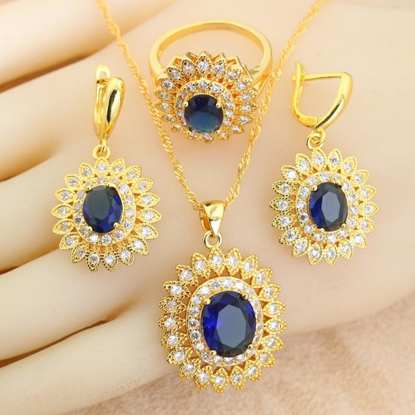Juegos De JoyeríA Nupcial Chapados En Oro Anillo De Boda Pendientes De FantasíA Cadena Colgante Collar Para Mujeres Regalo De Navidad 10 Beige-image