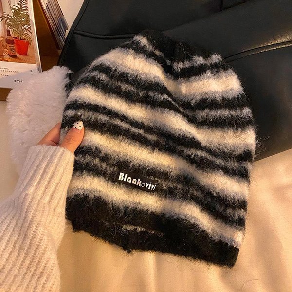 Gorro De Felpa Rayado Estilo Retro Maillard Para Mujer En OtoñO E Invierno CáLido VersáTil Circunferencia De Cabeza Grande Mostrando La Cara Gorro De Punto PequeñO De Moda M(56-58Cm) Gray-image