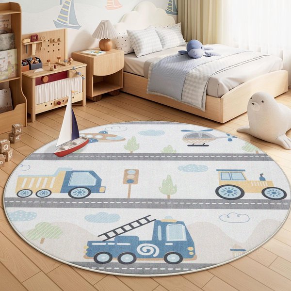 Alfombra Redonda Sala De Estar Dormitorio Infantil Pie De Cama Felpa Alfombra De Piso DecoracióN Hogar Dibujos Animados Carretera Juego Antideslizante Alfombras FáCil Limpieza 2.6Ft(80X80Cm)-image