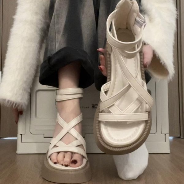 Sandalias De Verano Para Mujer Con Suela Gruesa Zapatos De Punta Abierta Huecos Para Mujer Sandalias Casuales Para Mujer Zapatos Romanos Planos 38EU/CN39 Beige-image