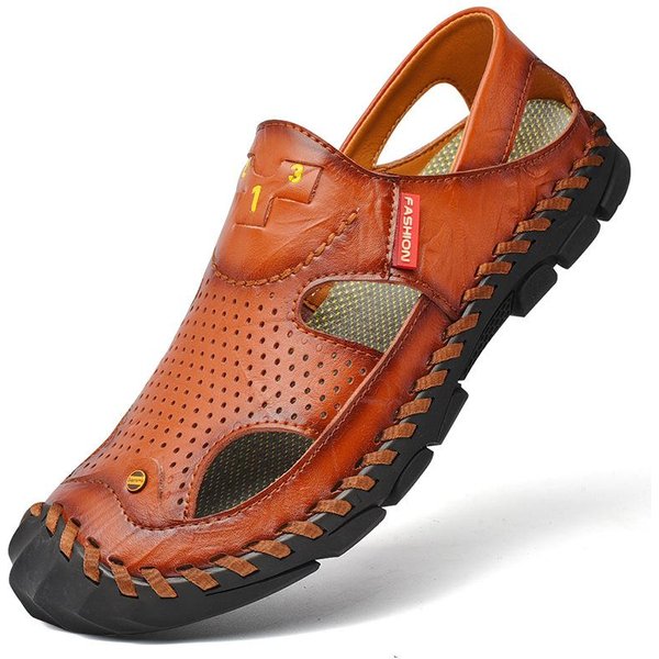 Sandalias De Verano De Piel De Vaca Con Puntera Cerrada Para Hombre Cuero Genuino Para Conducir Sandalias De Cuero De Verano Suela Blanda Antideslizantes Zapatos De Playa 43 MarróN-image