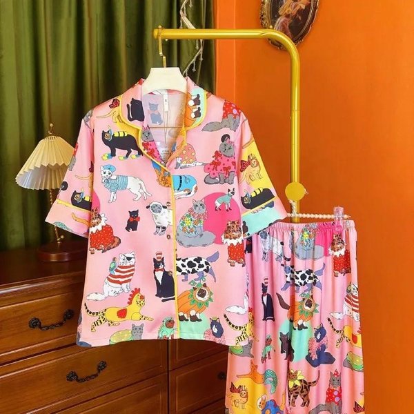 Conjunto De Pijama De Seda De Hielo Primavera Y OtoñO Pijama De Seda De Hielo Para Mujer Ropa De Casa De Lujo Ligero SatéN De Alta Gama L Color Rosa-image