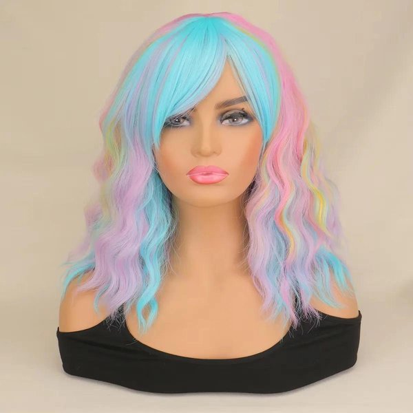 Whimsical W KróTka Wodna Falowana Peruka Damska Z Grzywką DziewczęCa Syntetyczna Peruka Cosplay TęCzowa Wielokolorowa Peruki Cosplay Na Imprezę Gray-image