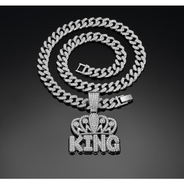 MęSki Naszyjnik Hip Hop Z Zawieszką Korona KrÓL I Literą Z łAńCuchem Miami Cuban O SzerokośCi 13 Mm, Wysadzany, BiżUteria Hip Hop, Modna BiżUteria Damska Gray-image