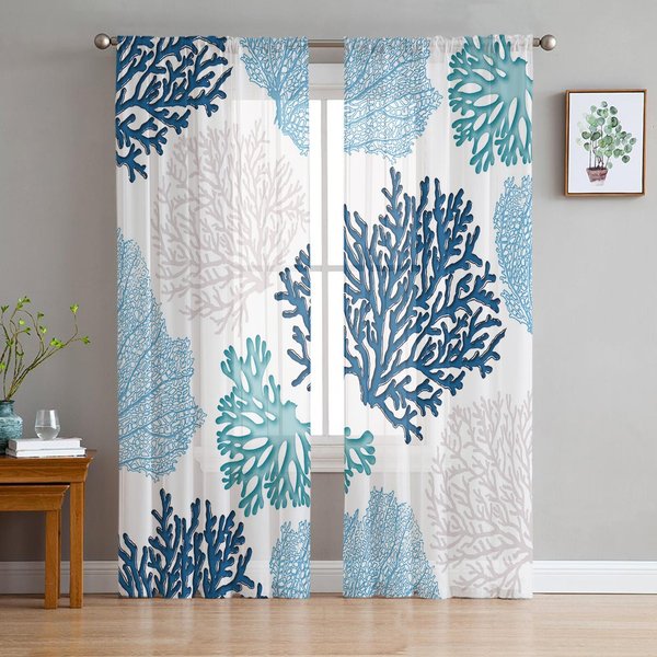 Niebieskie Morskie Koralowe Firanki Do Dekoracji Salonu ZasłOny Okienne Do Kuchni Tiul Woal Organza ZasłOny W135 X H215Cm X2-image