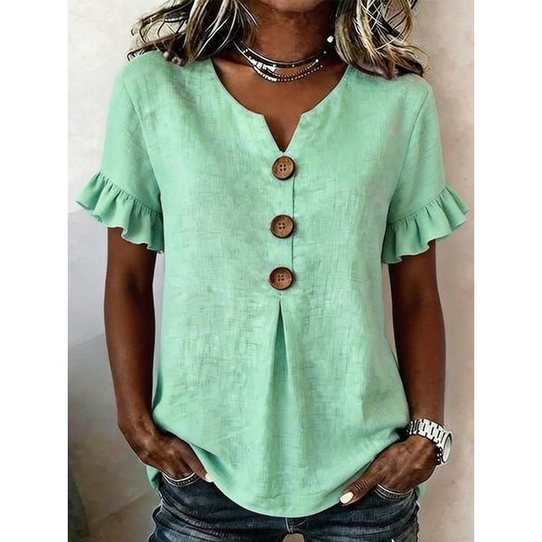 Camiseta Informal De Color SóLido Con Cuello En V, Manga Corta Y Botones Para Mujer Xxxl Verde-image