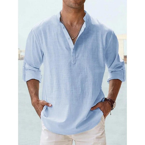 Nowe BawełNiane Lniane Koszule MęSkie Koszule Na Co Dzień Lekkie Z DłUgim RęKawem Henley Koszule PlażOwe Hawajskie T-Shirty Dla MężCzyzn Streetwear Us Xxl 90-100 Kg Niebieski-image