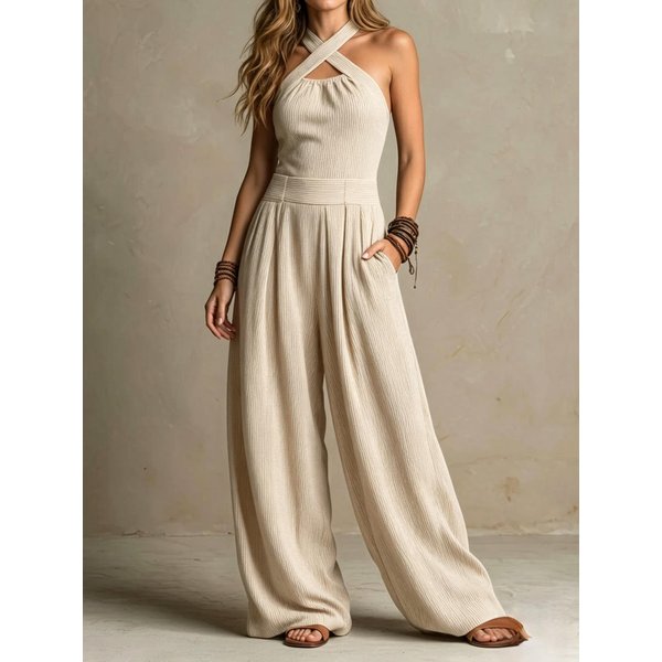 Mono De Mujer Con Cuello Halter Cruzado Y Pierna Ancha, Color Liso M Beige-image
