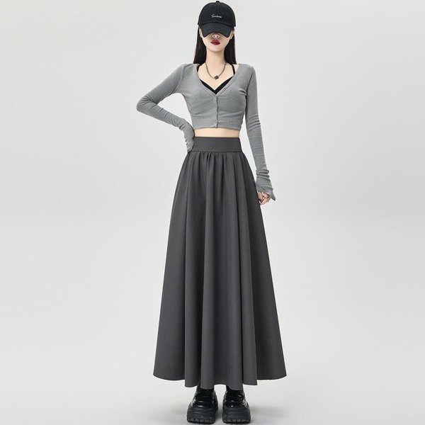 Falda Plisada De Traje De Cintura Alta Falda De OtoñO Para Mujer Con Estilo De OtoñO Cintura Alta CaíDa Casual LíNea A Falda De Paraguas Falda Larga XL Gris-image