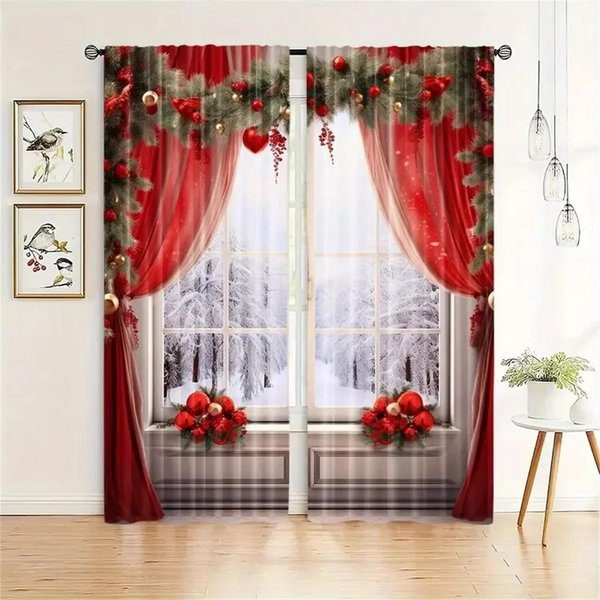 Cortinas NavideñAs 3D Paneles De Ventana Rojos Para Dormitorio Cortinas De Escena De Nieve De Papá Noel 3D DecoracióN Festiva NavideñA Para El Hogar 2 Paneles 50W130H(Cm)X2Pcs&Grommet Top-image