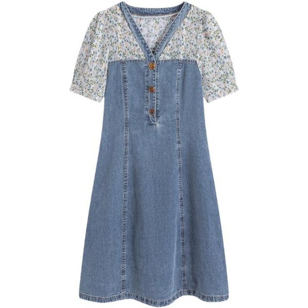 Vestido De Mezclilla Falso De Dos Piezas FrancéS Para Mujer En Verano Nuevo DiseñO Nicho Manga Corta Falda Floral M Gray-image