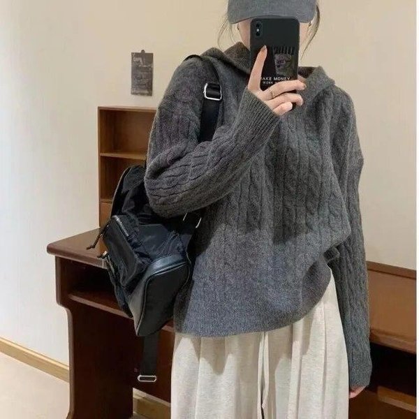 SuéTer Con Capucha Para Mujer, OtoñO Invierno, Vintage, Manga Larga, Jersey Liso, Informal, Grueso, De Punto, JerséIs SóLidos One Size Gris-image
