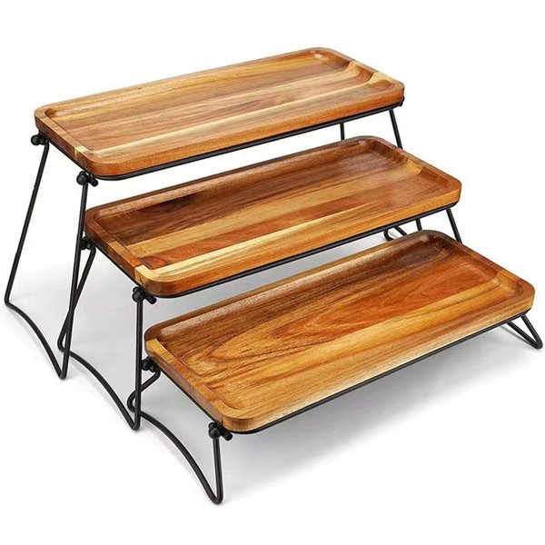 3-Poziomowy Stojak Do Serwowania DużY Drewniany Talerz Do Serwowania Obiadu Taca Na Przystawki, PrzekąSki, Owoce, Babeczki Drewno Wood Grain Color-image