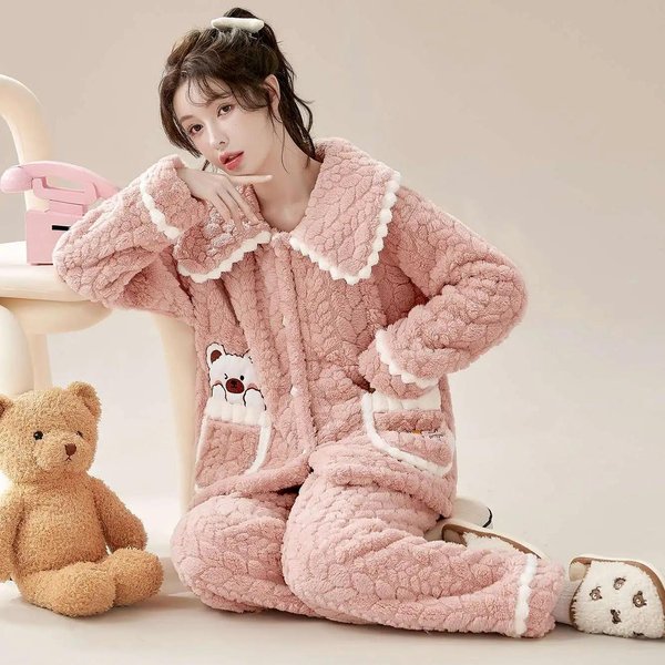 Conjunto De Pijama Espeso Suelto Para Mujer Ropa De Casa De Franela Lindo Dulce OtoñO Invierno Ropa De SalóN Traje Caliente De Terciopelo Coral Ropa De Dormir 2XL Brown-image