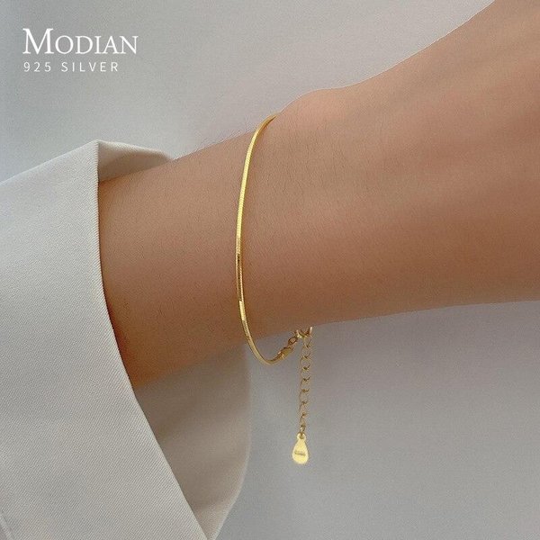 Modian CláSico BáSico Plata De Ley 925 Moda Simple Color Dorado Pulsera Cadena Serpiente Para Mujeres Cadena Eslabones Brazalete JoyeríA Fina-image