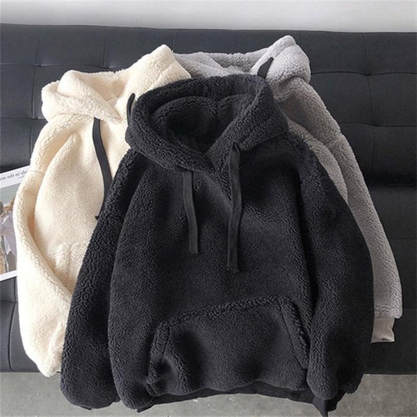 Sudadera De Lana De Cordero Para Mujer OtoñO E Invierno Estilo Coreano Moda Casual Trendy Con Capucha Terciopelo Felpa Gruesa Holgada Chaqueta Top XL Negro-image