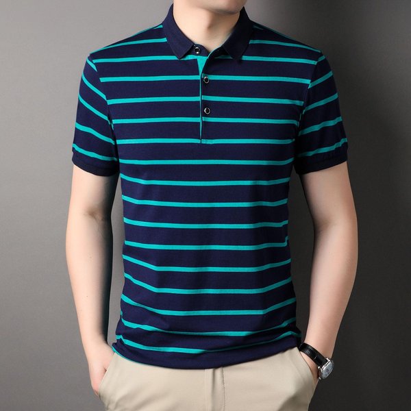Camiseta Polo De Manga Corta A Rayas Para Hombre Cuello Camisero Camiseta De Verano Negocios Ocio Tendencia Cuello De Camisa Joven Top De Media Manga Xxxl Blue-image