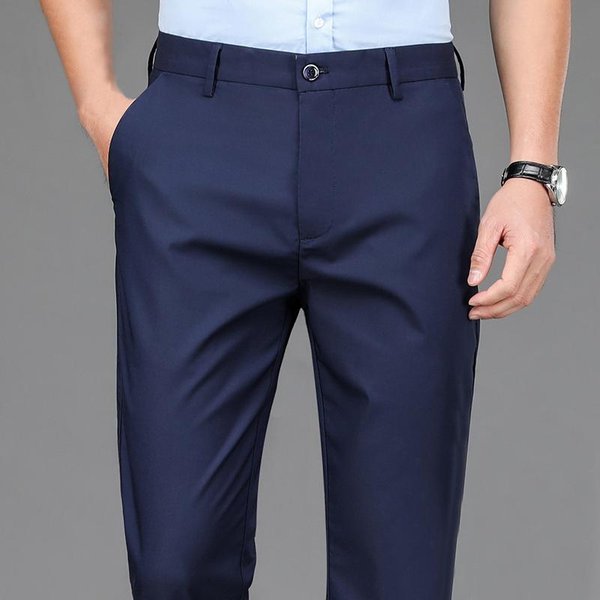Pantalones EláSticos Para Hombre, Color Negro Liso, Elegantes, Informales, Para Oficina, De Secado RáPido, Rectos, Coreanos, Para Primavera Y OtoñO 38 Azul Marino-image