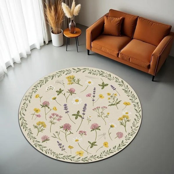 Kwiatowa OkrąGłA Mata PodłOgowa - Dywanik Z Nadrukiem W Stylu ChińSkim Do Salonu, Przedpokoju, AntypośLizgowy Akcent Dekoracji Domu Diameter 150Cm(59In)-image