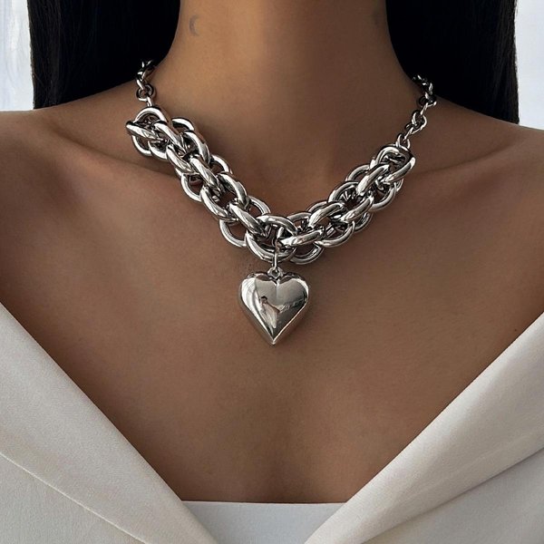 Collar Colgante CorazóN Punk Vintage Diezi Para Mujer Moda Color Oro Plata Gargantillas Statement JoyeríA De Cadena Para ClavíCula-image