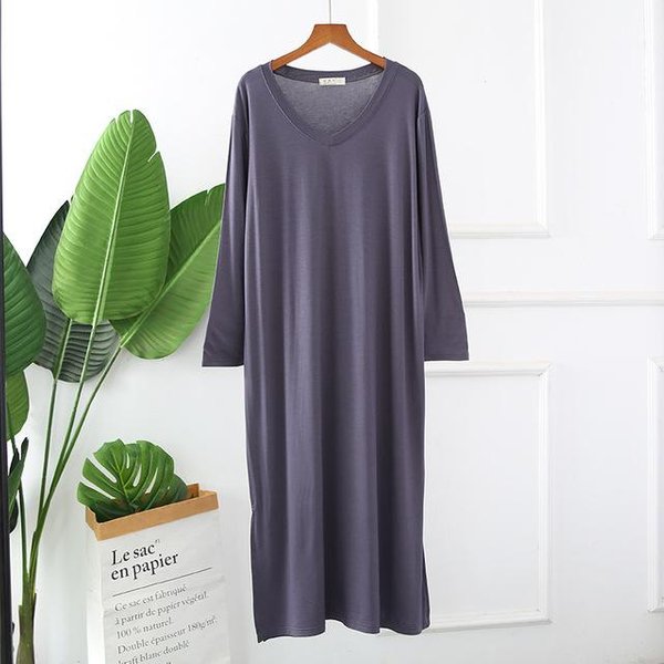 Vestido De Noche De OtoñO Para Mujer, CamisóN Grande Holgado, CamisóN De Color SóLido, CamisóN De Manga Larga, Ropa De Dormir Modal XL Gray-image
