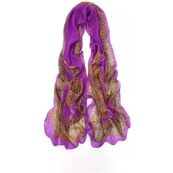 Bufanda Larga De Seda Vintage Con Estampado Chal Largo De Gasa Bufanda De Arena Para Mujer Bufanda VersáTil Bufanda Protectora Para El Cuello 150*50 Purple-image