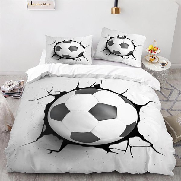 Juego De Funda NóRdica De FúTbol Deporte FúTbol Blanco Negro PoliéSter Funda NóRdica TamañO King Queen Para NiñOs NiñOs NiñAs Adolescentes Juego De Cama EU Single(135X200Cm)-image