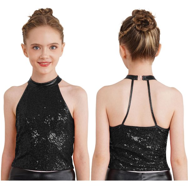 Top Corto Con Cuello Halter Y Lentejuelas Brillantes Para NiñAs, Tops Sin Mangas Con Espalda Descubierta Para Porristas, Danza Jazz Y Gimnasia 7-8 Years Negro-image