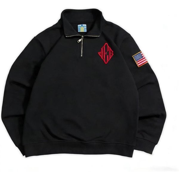 Sudadera FlowStreet Y2K Azul Marino Media Cremallera Parche Bordado Bandera Americana USA Chaqueta Hombres Mujeres Moda Urbana Vintage Tendencia Superior M Black-image