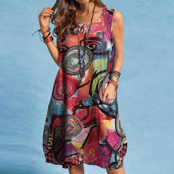Zanzea Vestido Sin Mangas Con Cuello Redondo Para Mujer, Vestido Corto Informal Con Estampado Retro De Verano 3XL-image
