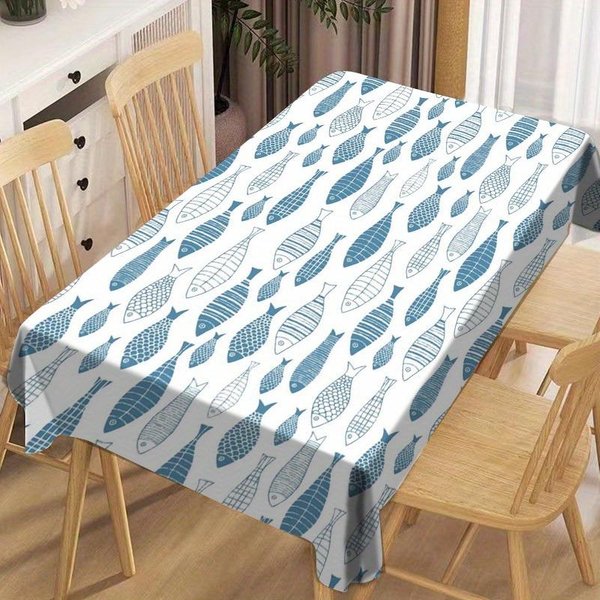 Niebiesko-BiałY Obrus ProstokąTny Z Nadrukiem Sardynek Do Dekoracji StołU Zmywalny Obrus Do Kuchni W Stylu Wiejskim, StołU Jadalnego Dekoracja Imprezowa 100X160Cm-image