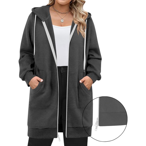 Damskie Bluzy Z Kapturem Zapinane Na Zamek, Z DłUgim RęKawem, DłUgie Tuniki, Bluzy Dresowe, Oversize, Polarowe, Casualowe, Jesienne Kurtki, PłAszcze Z Kieszenią M Black-image