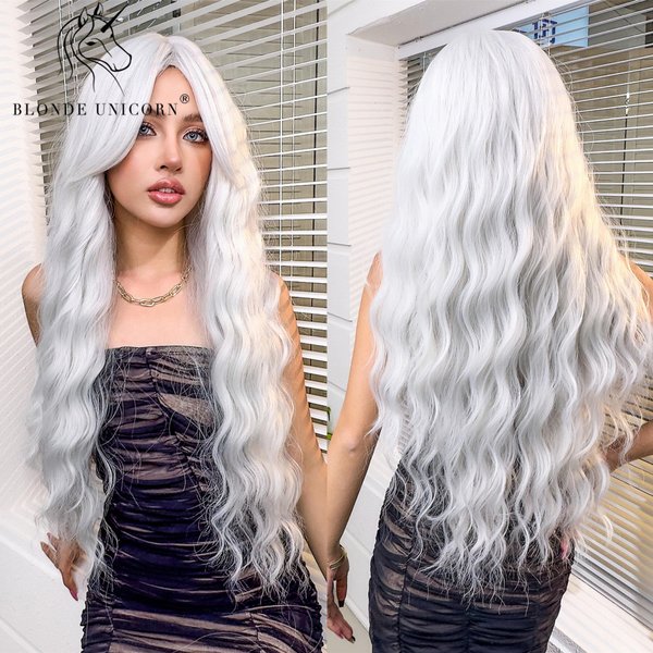 Peluca SintéTica Larga Ondulada Rubio Unicornio Ombre PúRpura A Azul Para Mujer Cosplay Halloween Pelucas Fibra Resistente Al Calor Flequillo Cabello Gray-image