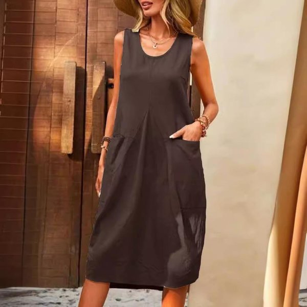 Vestido De Mujer De AlgodóN Y Lino Sin Mangas, Color Liso, Holgado, Con Cuello En U, Informal 2XL Black-image