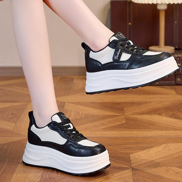 7Cm CuñA Plataforma Piel Genuina Moda Mujer Primavera OtoñO Zapatos Deportivos Gruesos Transpirables CóModos Vulcanizados 40 Negro-image