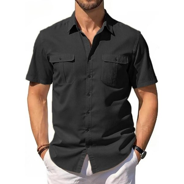 Camisas De Lino AlgodóN Para Hombre Manga Corta PatróN A Rayas Verano Transpirable Moda Para Hombre Color SóLido Cuello Vuelto Camisa Casual De Botones L Negro-image