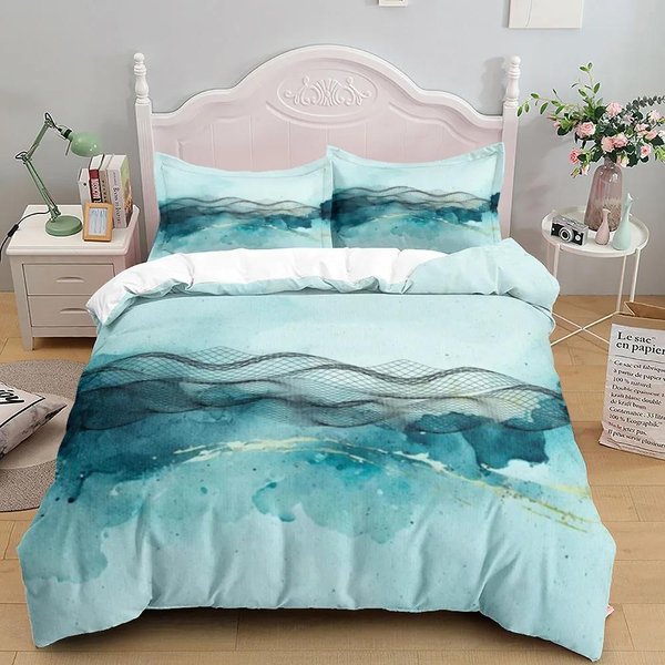 ColeccióN De Fundas NóRdicas Abstractas De Ola CorazóN Turquesa TamañO King Queen Doble Full Twin Individual Con ColeccióN De Ropa De Cama 150X200Cm 3Pcs-image