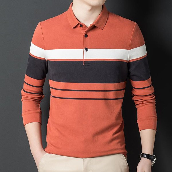 Ropa Casual Para Hombres JóVenes Y De Mediana Edad Camiseta De Manga Larga Sin Planchar Camisa Polo Rayada Top Rayado De Moda Camiseta De OtoñO Con Solapas XL Brown-image