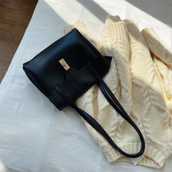 Bolso Bandolera Vintage De Moda De Cuero Suave Para Mujer, OtoñO/Invierno, Bolso Tote De Un Hombro Negro-image