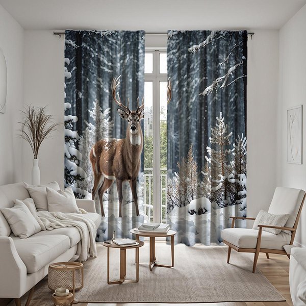 2 Piezas De Cortina Decorativa Con Paisaje De Nieve De Bosque HD Y Alce, Cortina Verde Con Estampado Digital, DecoracióN De Estilo Para El Hogar, Sala De Estar W52H63Inchw132H160Cm Gray-image