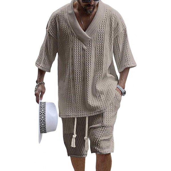 2 Piezas/Set Conjunto De Verano Para Hombre Camiseta De Manga Corta Con Cuello En V Cintura EláStica Con CordóN Bolsillos Pantalones Cortos De Pierna Ancha Conjunto Color SóLido Tejido M Albaricoque-image