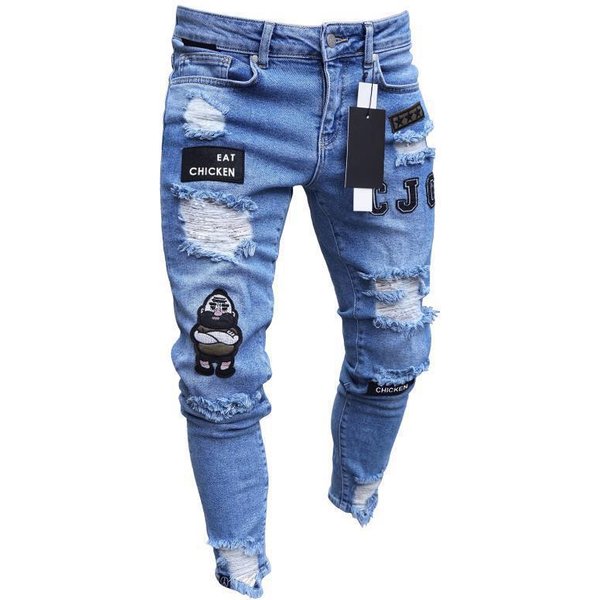 Europejskie I AmerykańSkie MęSkie Podarte Jeansy Skinny Z Naszywkami S Gray-image