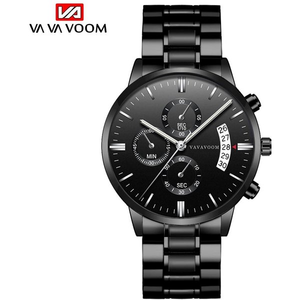 VA VA Voom MężCzyźNi Zegarki Ze Stali Nierdzewnej Luksusowe Top Marka Moda Casual Dress Kwarcowy Zegarek Relogio Masculino Biznes Kalendarz Zegarki Czarny/Srebro-image