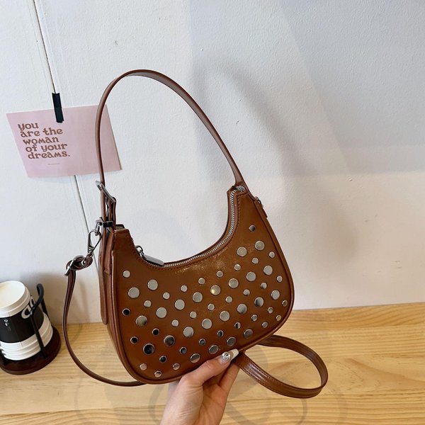DużA Vintage Torba Tote Ze SkóRy PU Dla Kobiet Nowa Projektantka RęCzna Torba Na Ramię Z Nitami I Kropkami BrąZowy-image