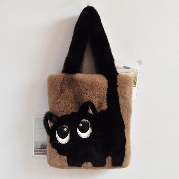 Urocza KreskóWkowa Kotka Pluszowa Torba Tote MięKka Puszysta Torebka Na Ramię Dla Kobiet Dziewczyn Kawaii KreskóWkowa Kotka Pluszowa Torba Z GóRnym Uchwytem 30Cm Brown-image