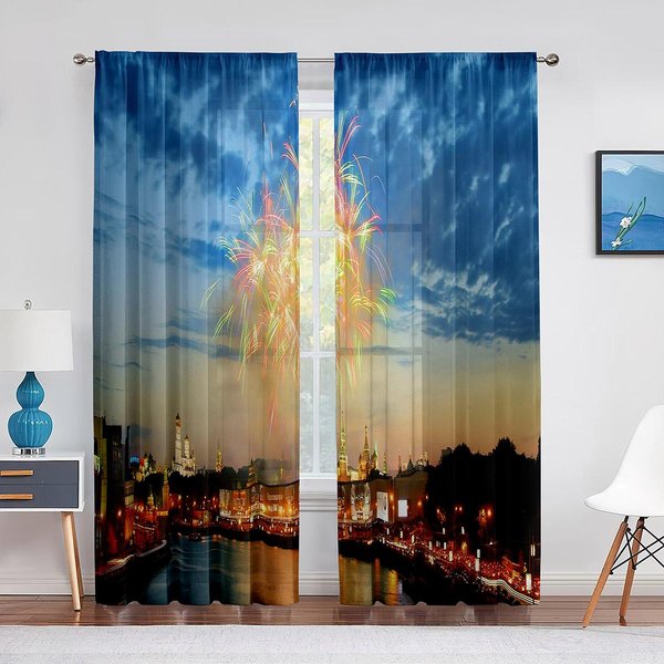 Paisaje De EnsueñO Vista Nocturna Fuegos Artificiales Cielo Estrellado Cortinas De Tul Para DecoracióN De Sala De Estar Dormitorio ChifóN Transparente Voile Cortina De Ventana 1 PCS W100Xh250Cm&Grommet Top-image
