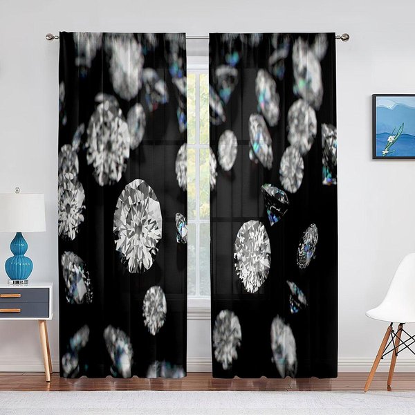 SpadająCa BiżUteria Diamenty Na Czarnym Tle Tiulowe ZasłOny Do Dekoracji Salonu Sypialni Szyfonowa PrześWitująCa Woalowa ZasłOna Okienna 1 PCS W100Xh250Cm&Grommet Top-image