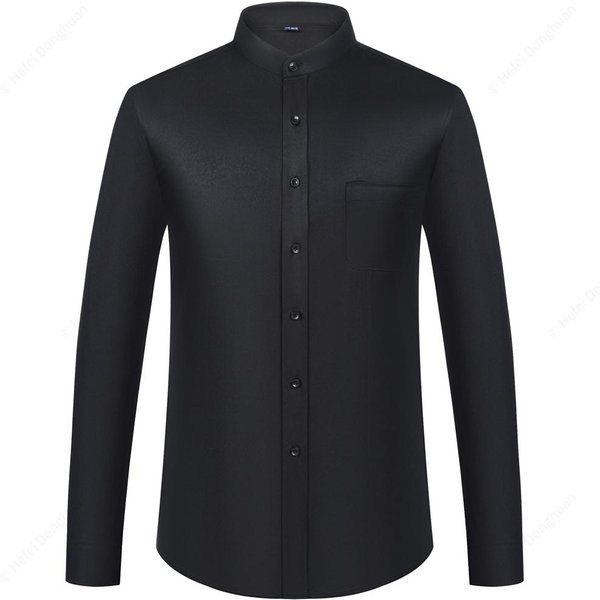 Camisas De Vestir Para Hombre Con Cuello Mao De Manga Larga, Abotonadas, Cuello MandaríN, Camisa VersáTil, Camisa Lisa Con Bolsillo 41 Black-image