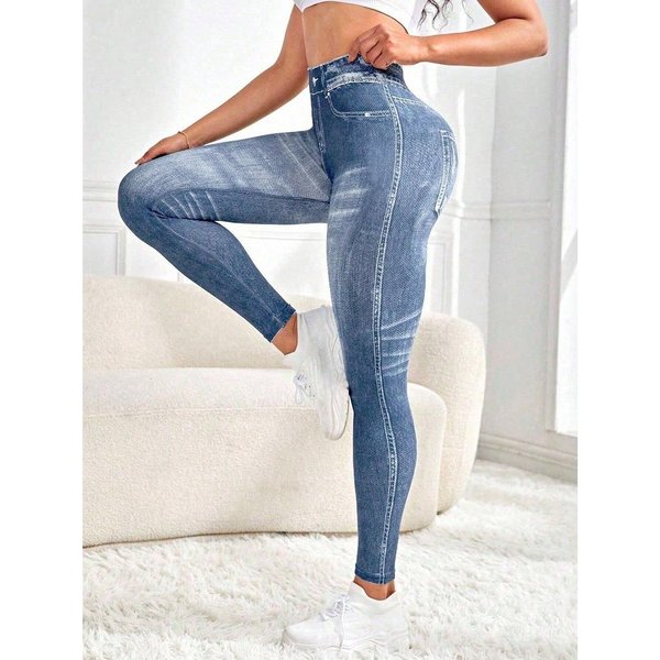 Damskie Sportowe Legginsy Do Jogi Faux Jeans Denim Skinny Dopasowane Bezszwowe Fitness PodnosząCe PośLadki Spodnie Outdoor M-image