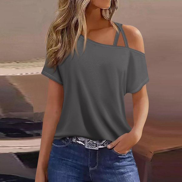 Camiseta De Manga Corta Con Hombros Descubiertos Y Estampado Informal A La Moda Para Mujer M Brown-image